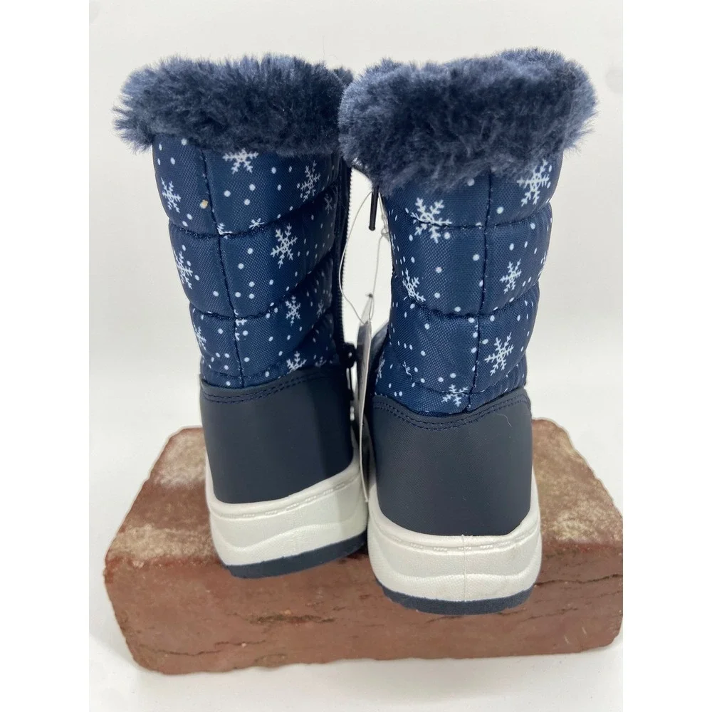 Apakowa Kids Navy Blue Snowflake Winter Snow Boots Faux Fur Lined Waterproof Lug